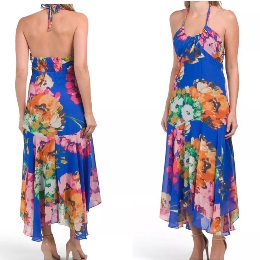 Taylor Blue Floral Maxi Dress Open Back Halter Neckline Ruffled Hem Women 6 NWOT